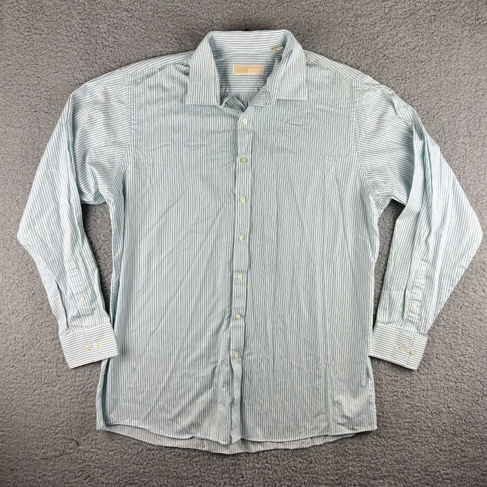 Michael Kors Men's Shirt 17.5 36/37 Tall L/S Button Up Green Blue White